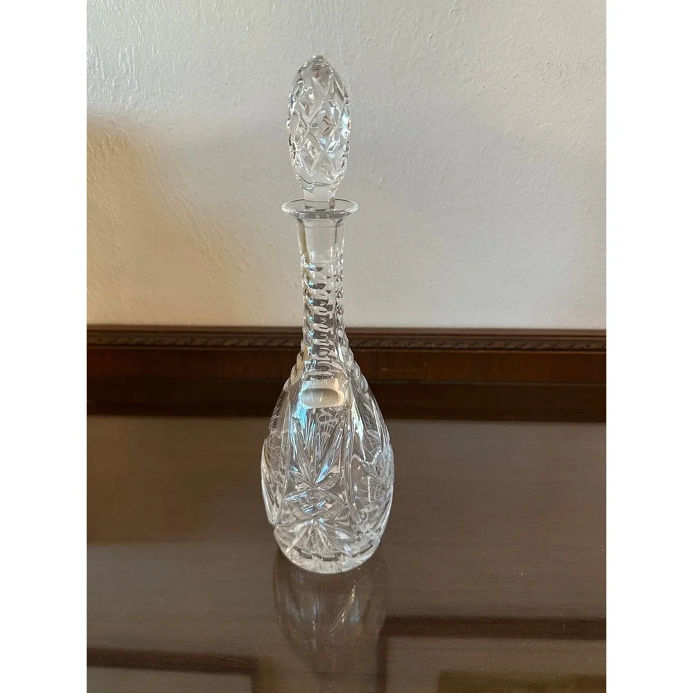 Vtg Pinwheel Cut Crystal Decanter‎ with Stopper 13'' Germany Barware Clear Glass